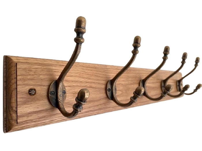 FOWLERS Handmade OAK wooden coat rack - BRASS finish ACORN cast iron hooks